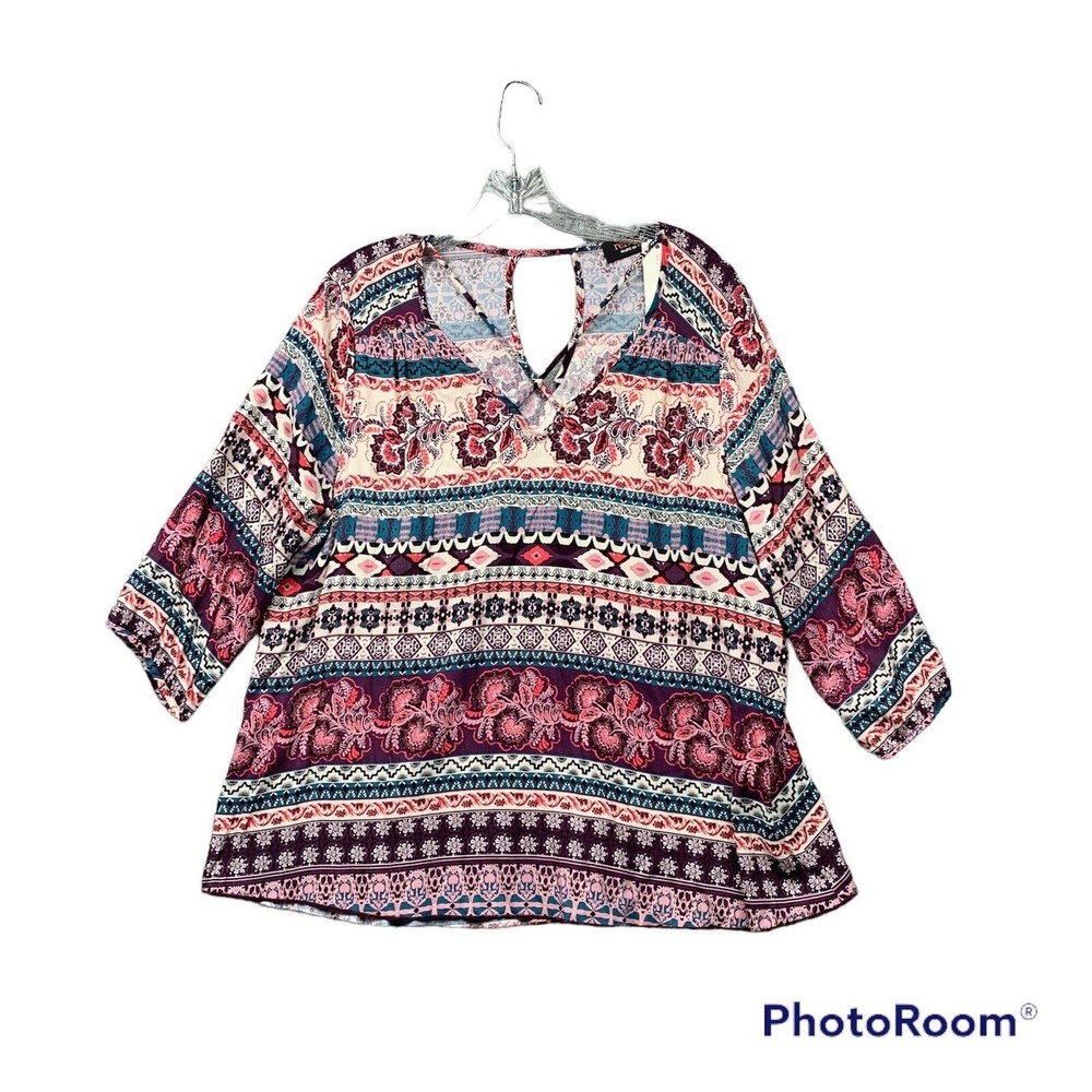 RENEE C Womens Blouse Size XL Stitch Fix Boho 3/4 Sleeve Keyhole Crossfront NWT